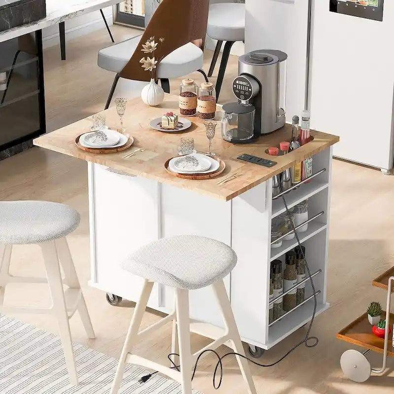 Desserte îlot de cuisine avec roulettes, prise électrique, abattant, casier à vin