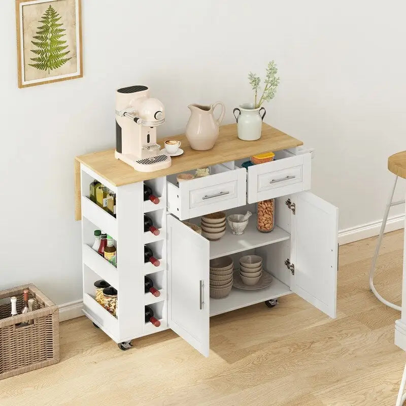 Desserte de cuisine multifonctionnelle avec abattant en bois massif, 2 portes, 2 tiroirs, casier à vin et porte-épices