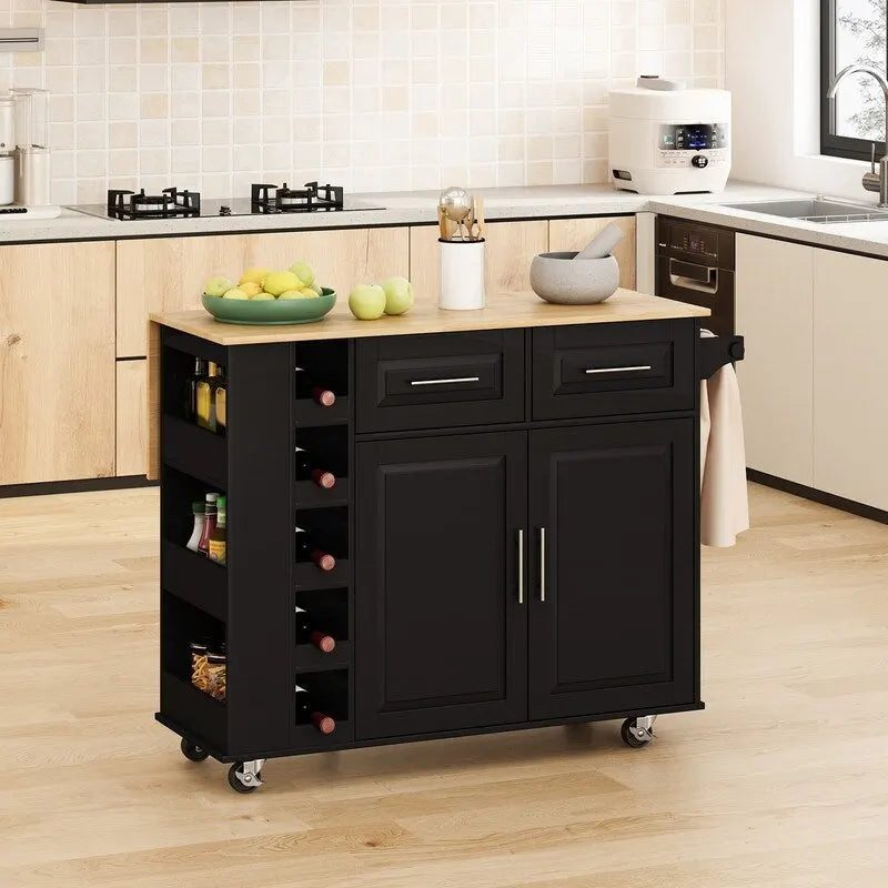 Desserte de cuisine multifonctionnelle avec abattant en bois massif, 2 portes, 2 tiroirs, casier à vin et porte-épices