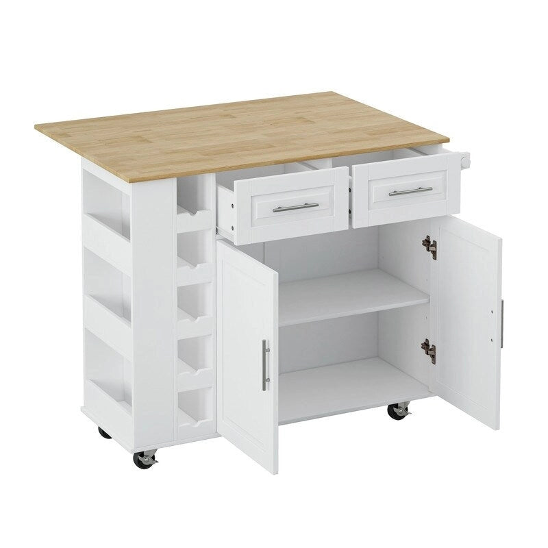 Desserte de cuisine multifonctionnelle avec abattant en bois massif, 2 portes, 2 tiroirs, casier à vin et porte-épices