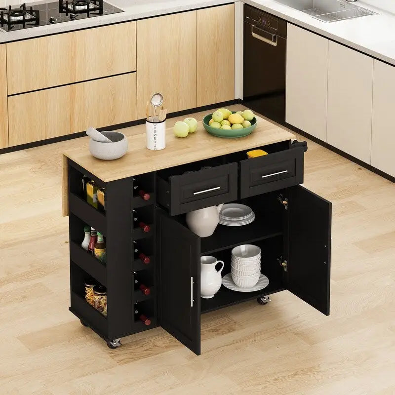 Desserte de cuisine multifonctionnelle avec abattant en bois massif, 2 portes, 2 tiroirs, casier à vin et porte-épices