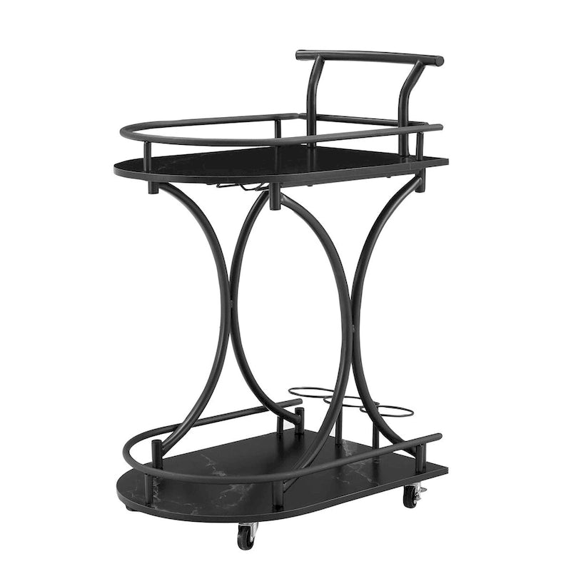 Desserte de cuisine en bois noir avec casier à vin et porte-verres, desserte de bar mobile à 2 niveaux