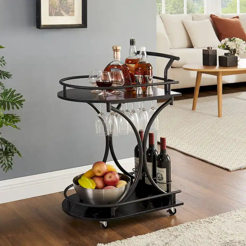Desserte de cuisine en bois noir avec casier à vin et porte-verres, desserte de bar mobile à 2 niveaux