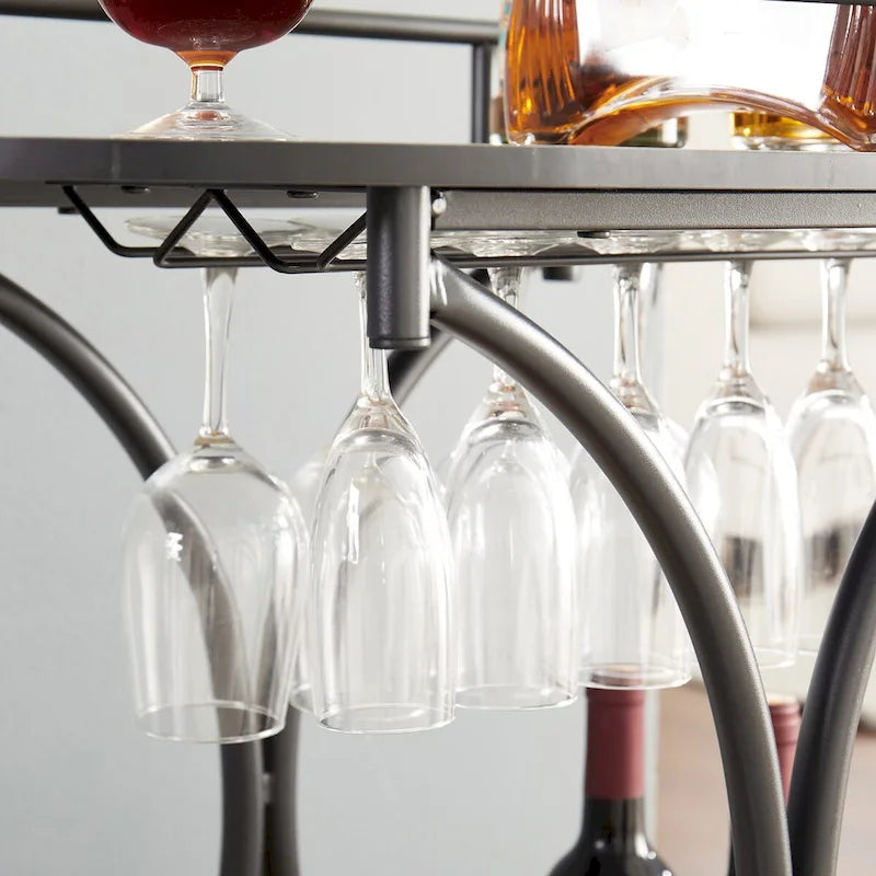 Desserte de cuisine en bois noir avec casier à vin et porte-verres, desserte de bar mobile à 2 niveaux