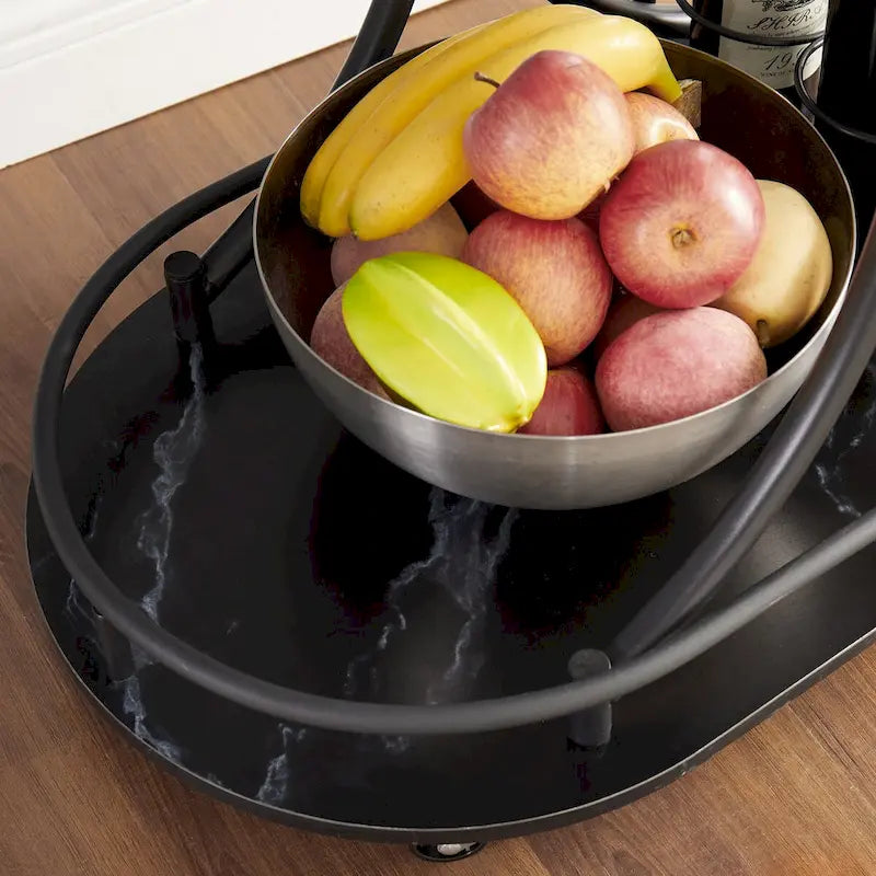 Desserte de cuisine en bois noir avec casier à vin et porte-verres, desserte de bar mobile à 2 niveaux