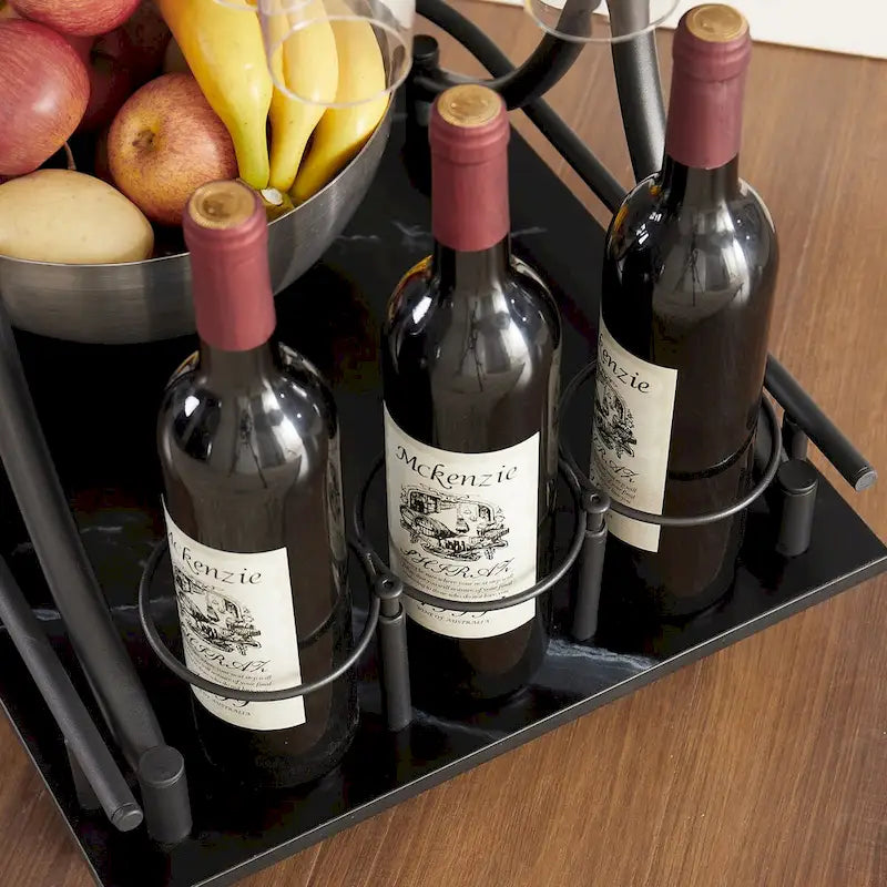Desserte de cuisine en bois noir avec casier à vin et porte-verres, desserte de bar mobile à 2 niveaux
