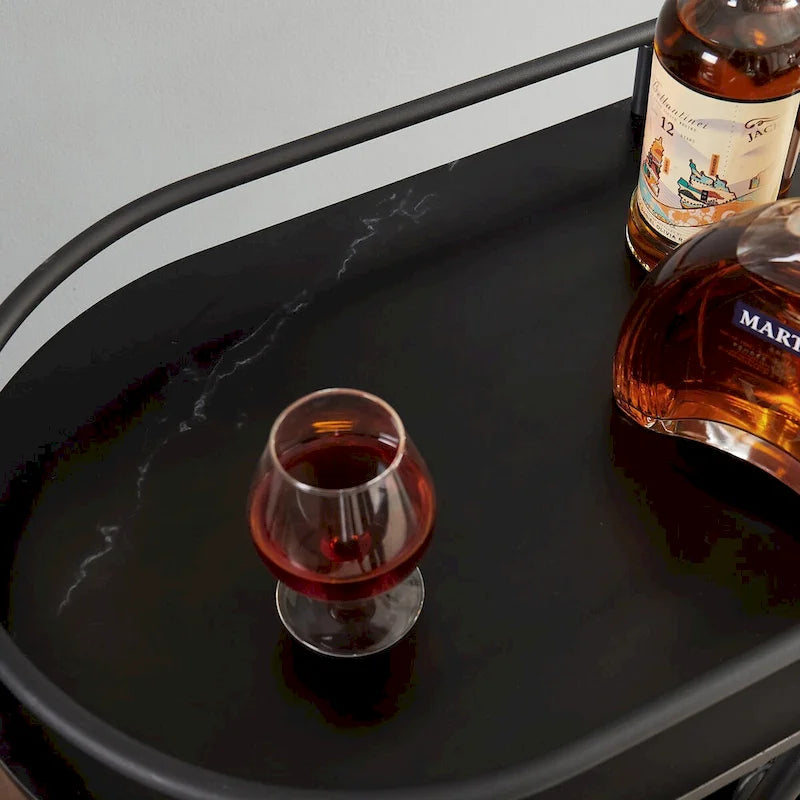 Desserte de cuisine en bois noir avec casier à vin et porte-verres, desserte de bar mobile à 2 niveaux