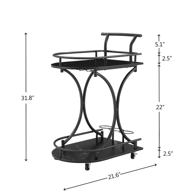 Desserte de cuisine en bois noir avec casier à vin et porte-verres, desserte de bar mobile à 2 niveaux