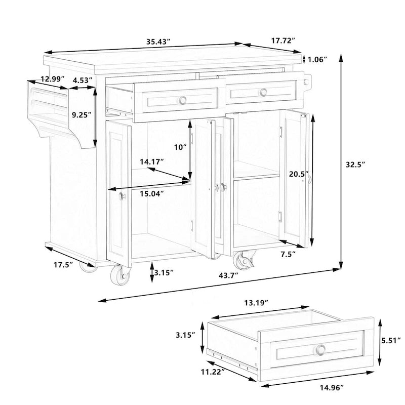 Dessertes de cuisine en MDF avec 4 portes et 2 tiroirs, porte-épices, porte-serviettes