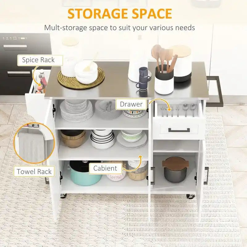 Dessertes de cuisine roulantes sur roulettes avec tiroir, 3 armoires, comptoir en acier inoxydable, porte-épices et porte-serviettes