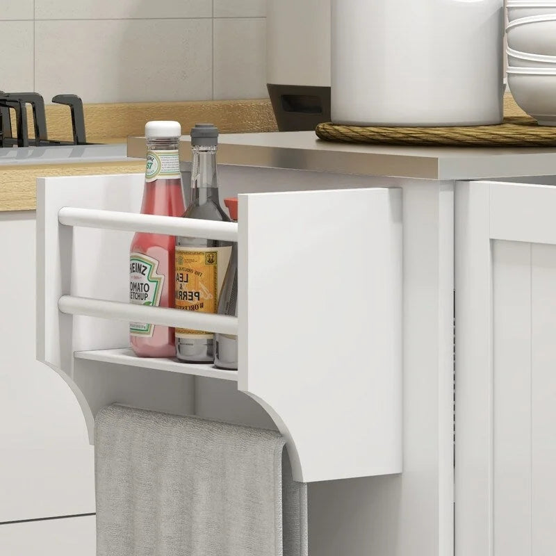 Dessertes de cuisine roulantes sur roulettes avec tiroir, 3 armoires, comptoir en acier inoxydable, porte-épices et porte-serviettes