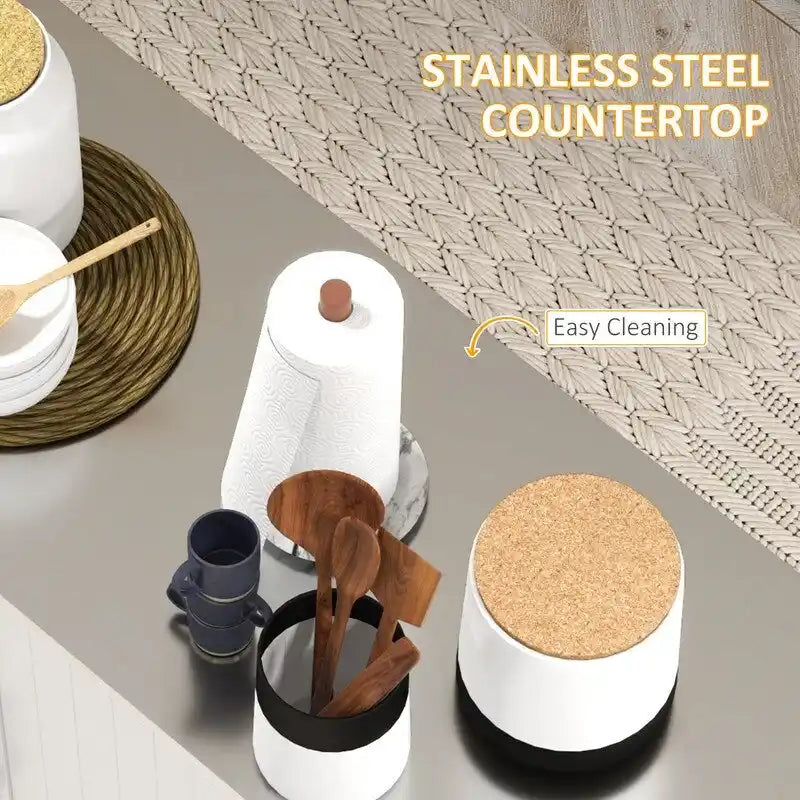 Dessertes de cuisine roulantes sur roulettes avec tiroir, 3 armoires, comptoir en acier inoxydable, porte-épices et porte-serviettes