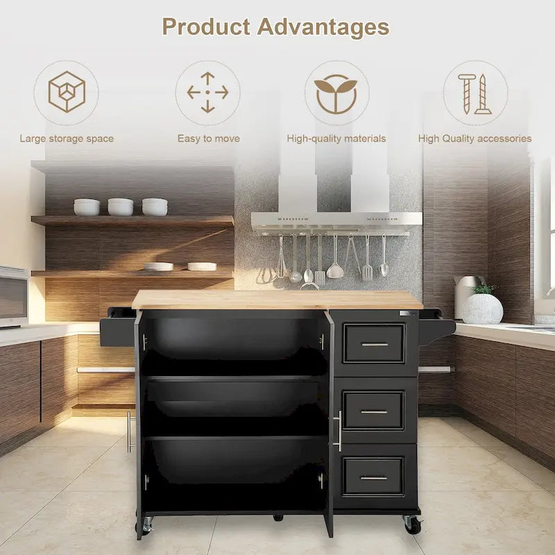 Îlot de cuisine moderne avec plateau en bois d'hévéa, 3 tiroirs et armoire de rangement