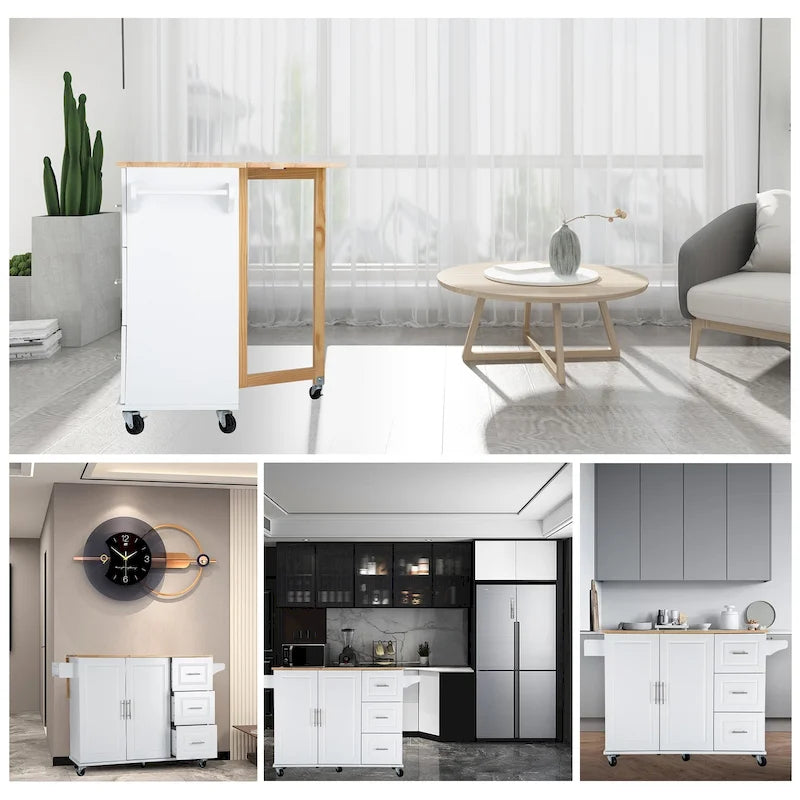 Îlot de cuisine moderne avec plateau en bois d'hévéa, 3 tiroirs et armoire de rangement