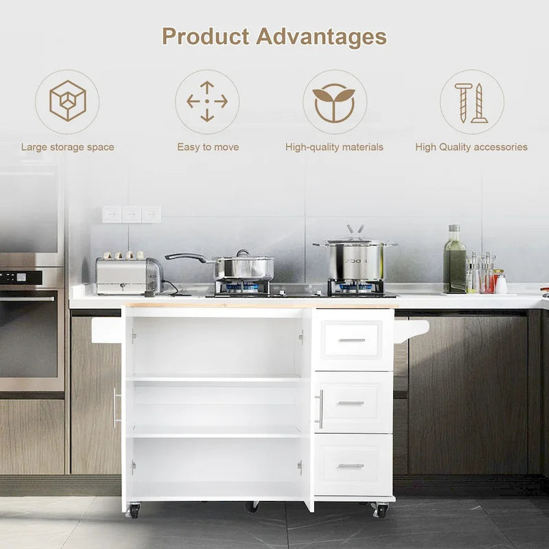Îlot de cuisine moderne avec plateau en bois d'hévéa, 3 tiroirs et armoire de rangement