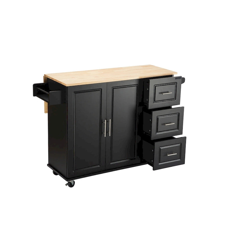 Îlot de cuisine moderne avec plateau en bois d'hévéa, 3 tiroirs et armoire de rangement