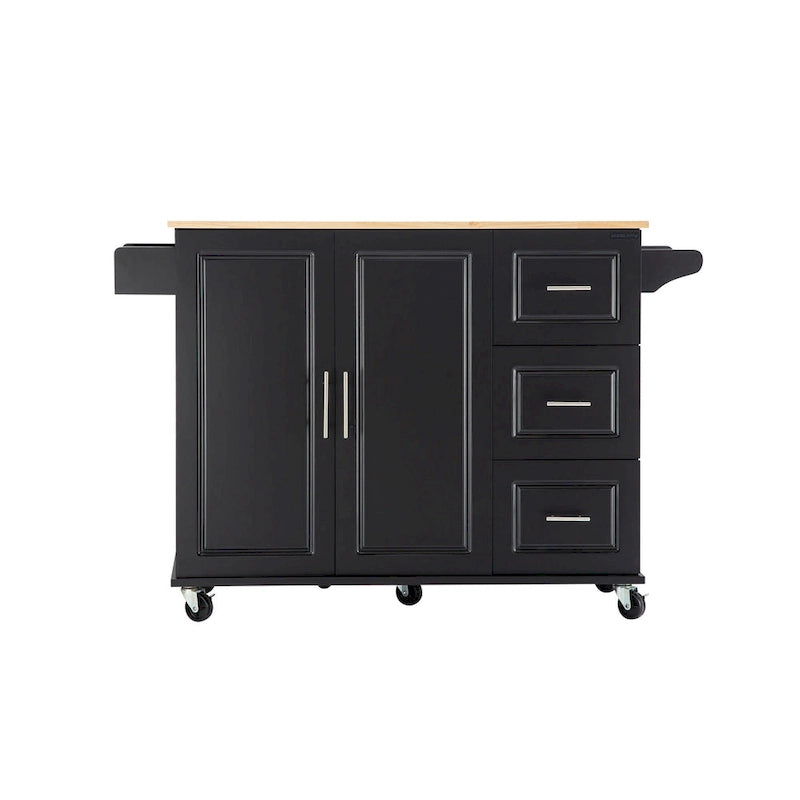 Îlot de cuisine moderne avec plateau en bois d'hévéa, 3 tiroirs et armoire de rangement