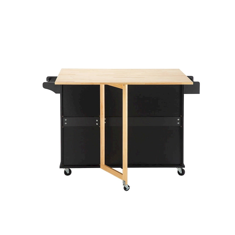 Îlot de cuisine moderne avec plateau en bois d'hévéa, 3 tiroirs et armoire de rangement