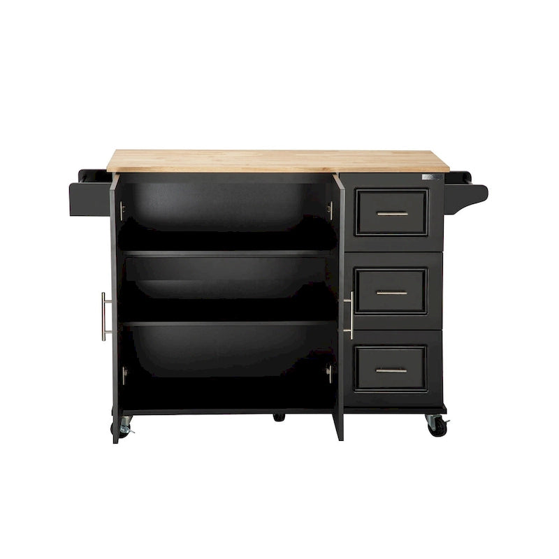 Îlot de cuisine moderne avec plateau en bois d'hévéa, 3 tiroirs et armoire de rangement