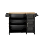 Îlot de cuisine moderne avec plateau en bois d'hévéa, 3 tiroirs et armoire de rangement