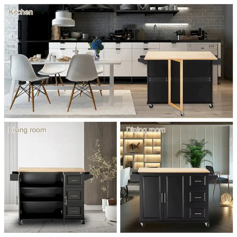 Îlot de cuisine moderne avec plateau en bois d'hévéa, 3 tiroirs et armoire de rangement
