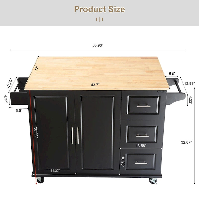 Îlot de cuisine moderne avec plateau en bois d'hévéa, 3 tiroirs et armoire de rangement