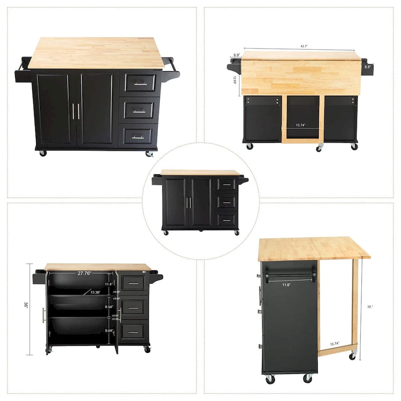 Îlot de cuisine moderne avec plateau en bois d'hévéa, 3 tiroirs et armoire de rangement