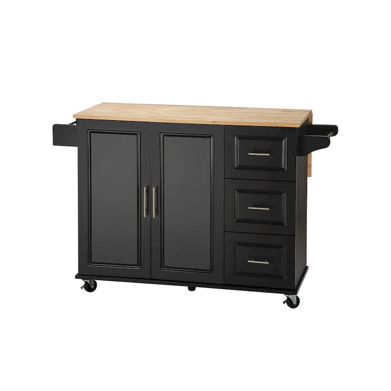 Îlot de cuisine moderne avec plateau en bois d'hévéa, 3 tiroirs et armoire de rangement