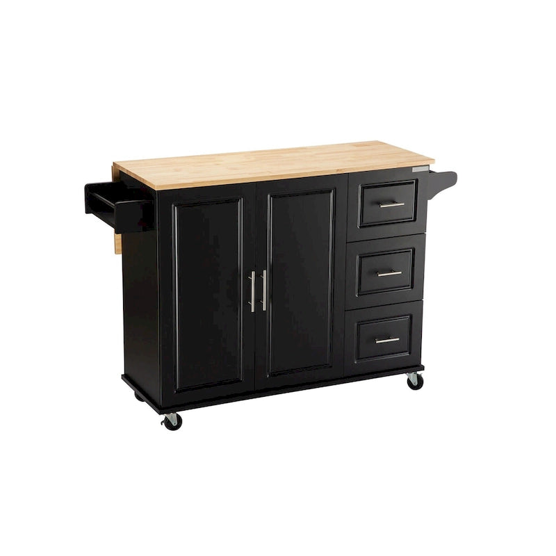 Îlot de cuisine moderne avec plateau en bois d'hévéa, 3 tiroirs et armoire de rangement