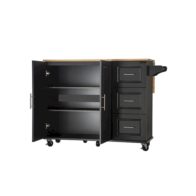 Îlot de cuisine moderne avec plateau en bois d'hévéa, 3 tiroirs et armoire de rangement