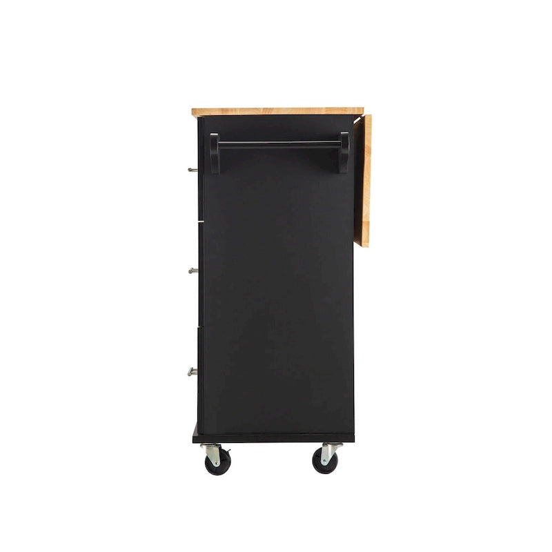 Îlot de cuisine moderne avec plateau en bois d'hévéa, 3 tiroirs et armoire de rangement
