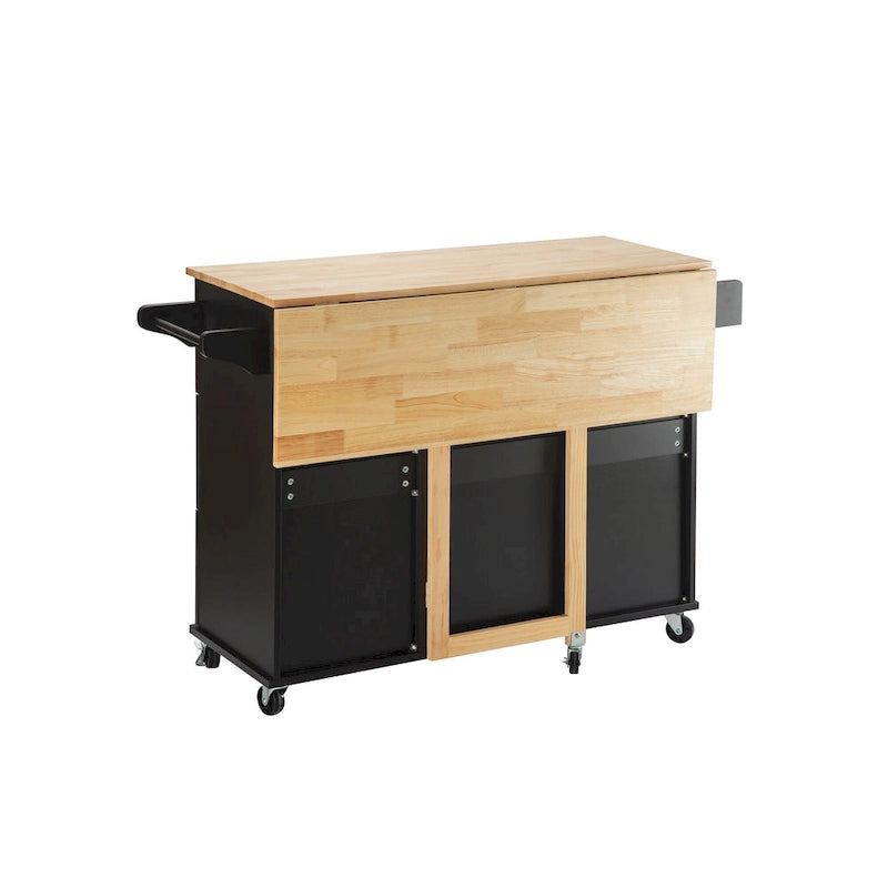 Îlot de cuisine moderne avec plateau en bois d'hévéa, 3 tiroirs et armoire de rangement