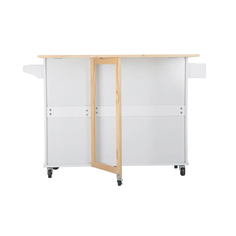 Îlot de cuisine moderne avec plateau en bois d'hévéa, 3 tiroirs et armoire de rangement