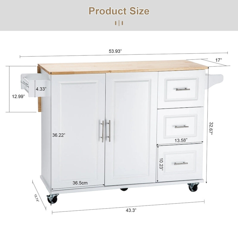 Îlot de cuisine moderne avec plateau en bois d'hévéa, 3 tiroirs et armoire de rangement