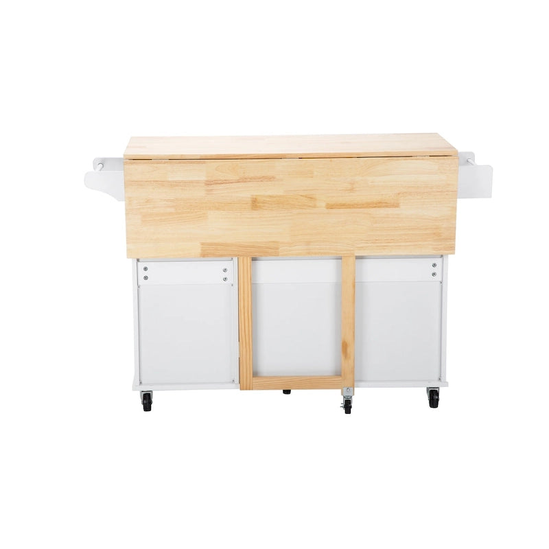 Îlot de cuisine moderne avec plateau en bois d'hévéa, 3 tiroirs et armoire de rangement