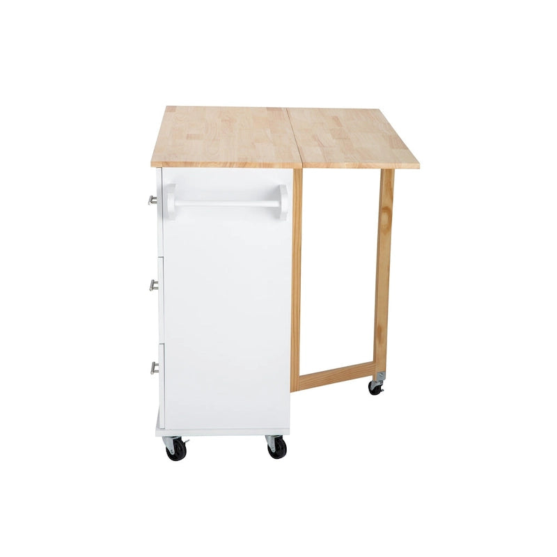 Îlot de cuisine moderne avec plateau en bois d'hévéa, 3 tiroirs et armoire de rangement