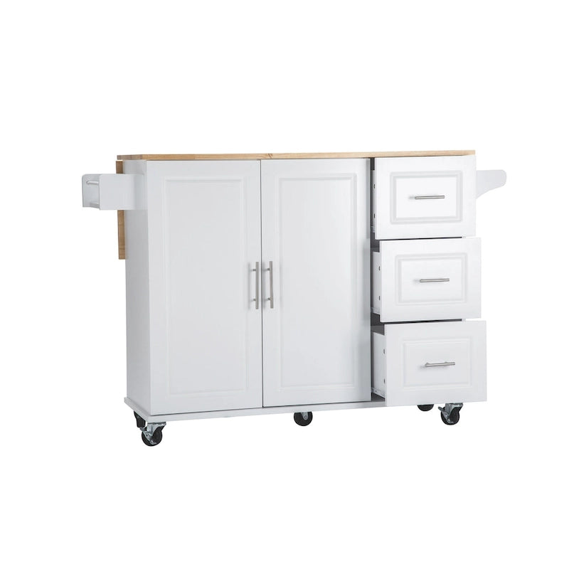 Îlot de cuisine moderne avec plateau en bois d'hévéa, 3 tiroirs et armoire de rangement