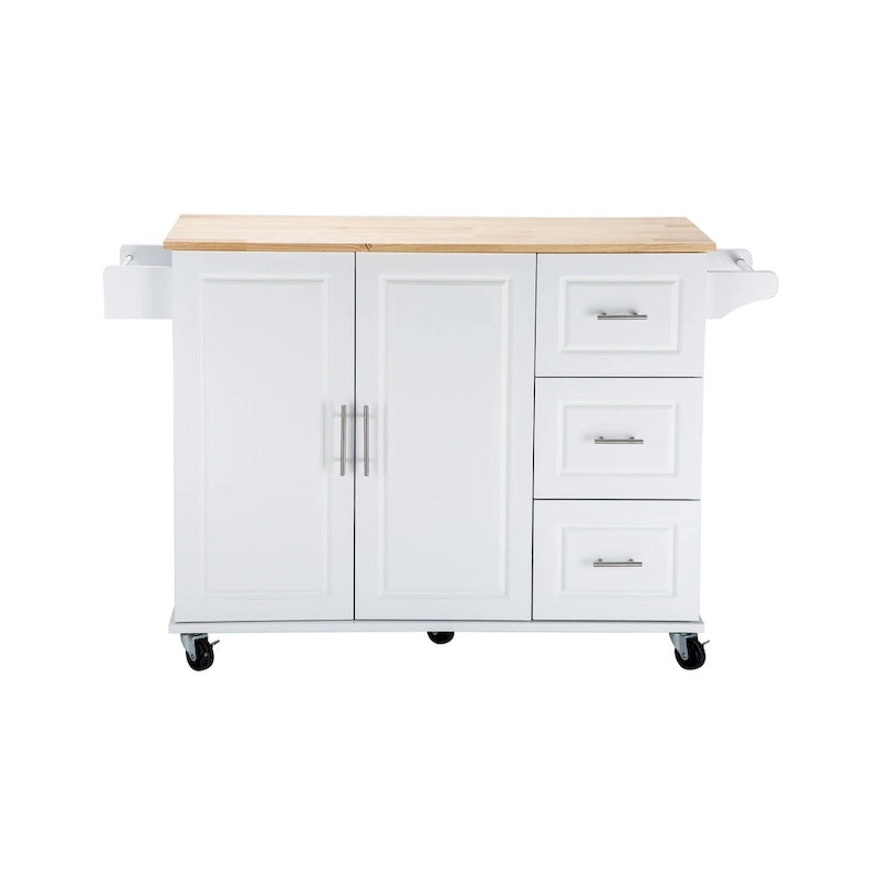 Îlot de cuisine moderne avec plateau en bois d'hévéa, 3 tiroirs et armoire de rangement