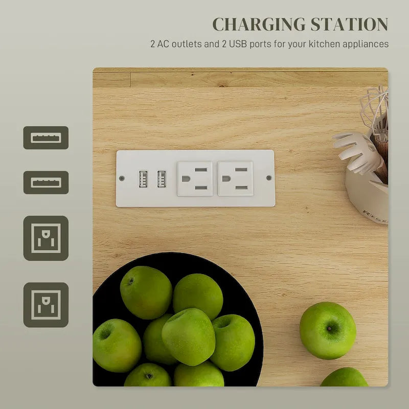 Îlot de cuisine roulant avec rangement, prises électriques et ports USB