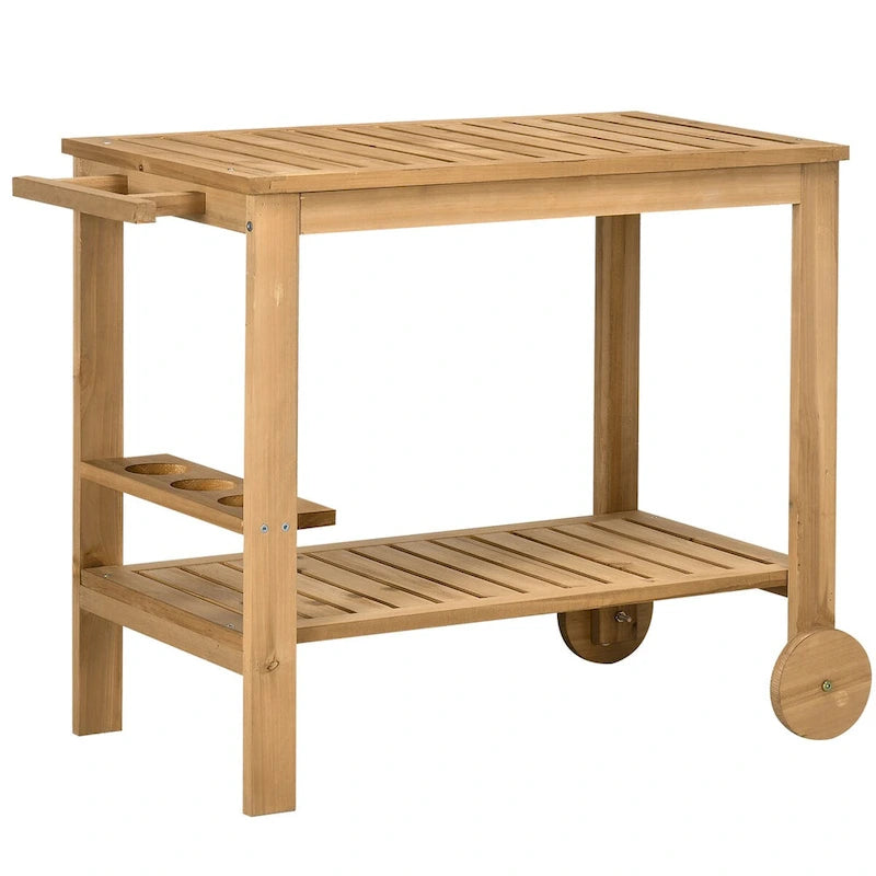 Chariot de bar extérieur, Chariot de bar et de service roulant en bois avec 2 étagères