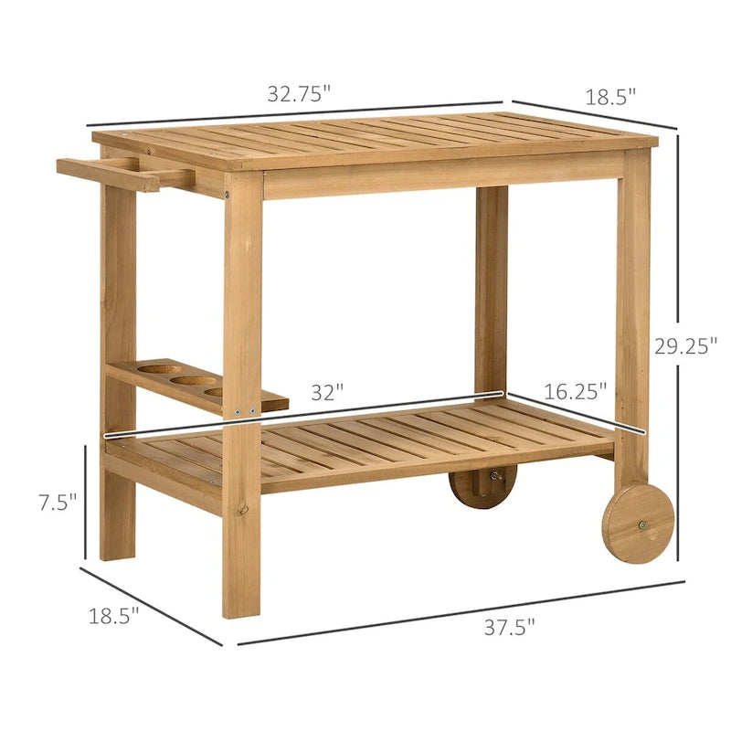 Chariot de bar extérieur, Chariot de bar et de service roulant en bois avec 2 étagères