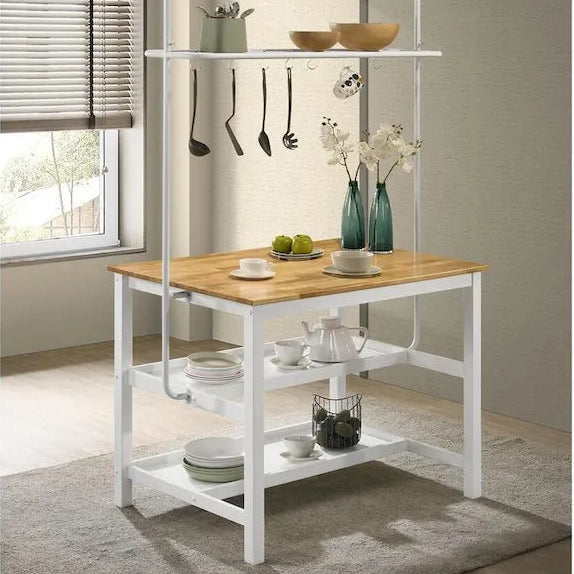 Prager Brown and White Kitchen Island Counter Table with Pot Rack