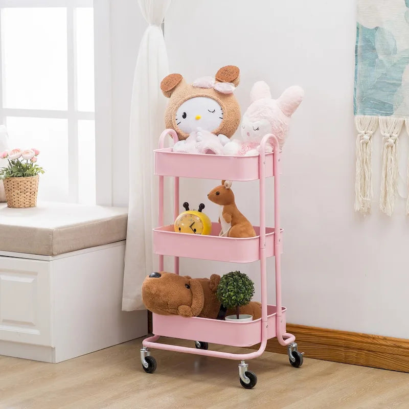 Chariot de rangement rose à 3 niveaux en métal avec roulettes - 31 x 14 x 18