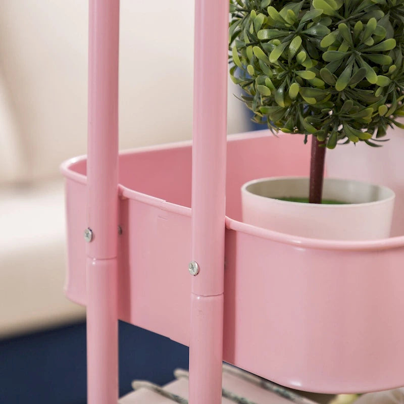 Chariot de rangement rose à 3 niveaux en métal avec roulettes - 31 x 14 x 18