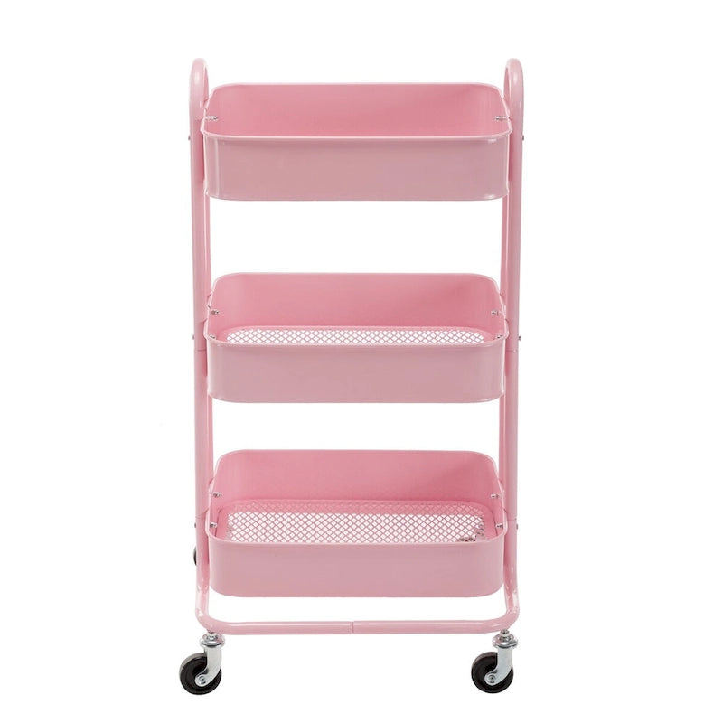 Chariot de rangement rose à 3 niveaux en métal avec roulettes - 31 x 14 x 18