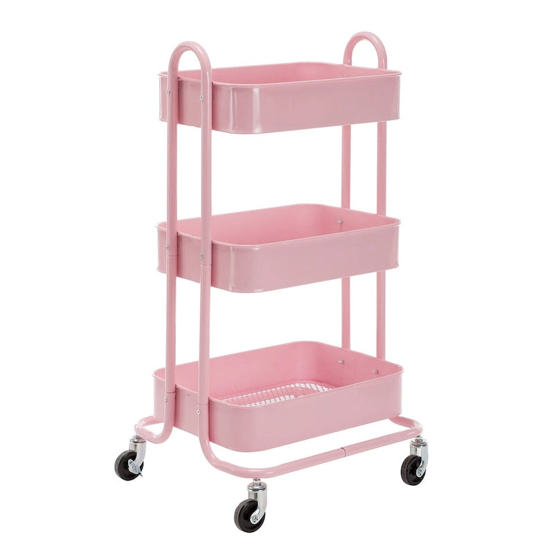 Chariot de rangement rose à 3 niveaux en métal avec roulettes - 31 x 14 x 18