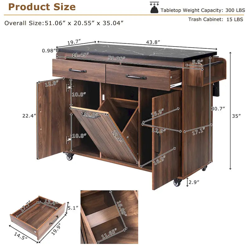 Dessertes de cuisine roulantes de 129,5 cm de large avec abattant et poubelle basculante
