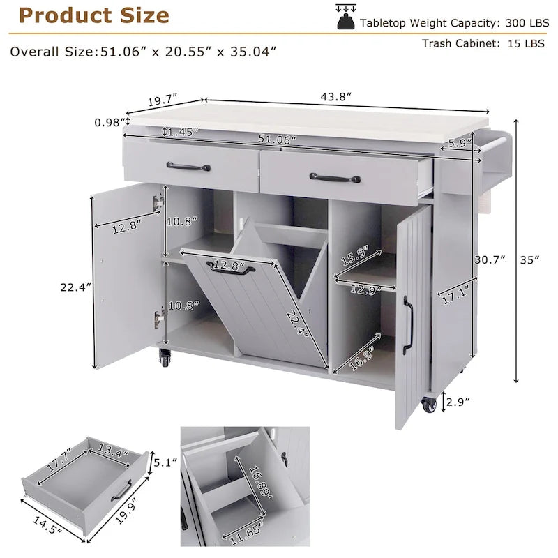 Dessertes de cuisine roulantes de 129,5 cm de large avec abattant et poubelle basculante