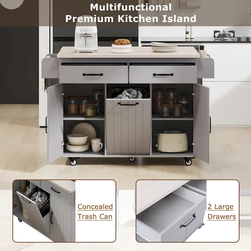 Dessertes de cuisine roulantes de 129,5 cm de large avec abattant et poubelle basculante