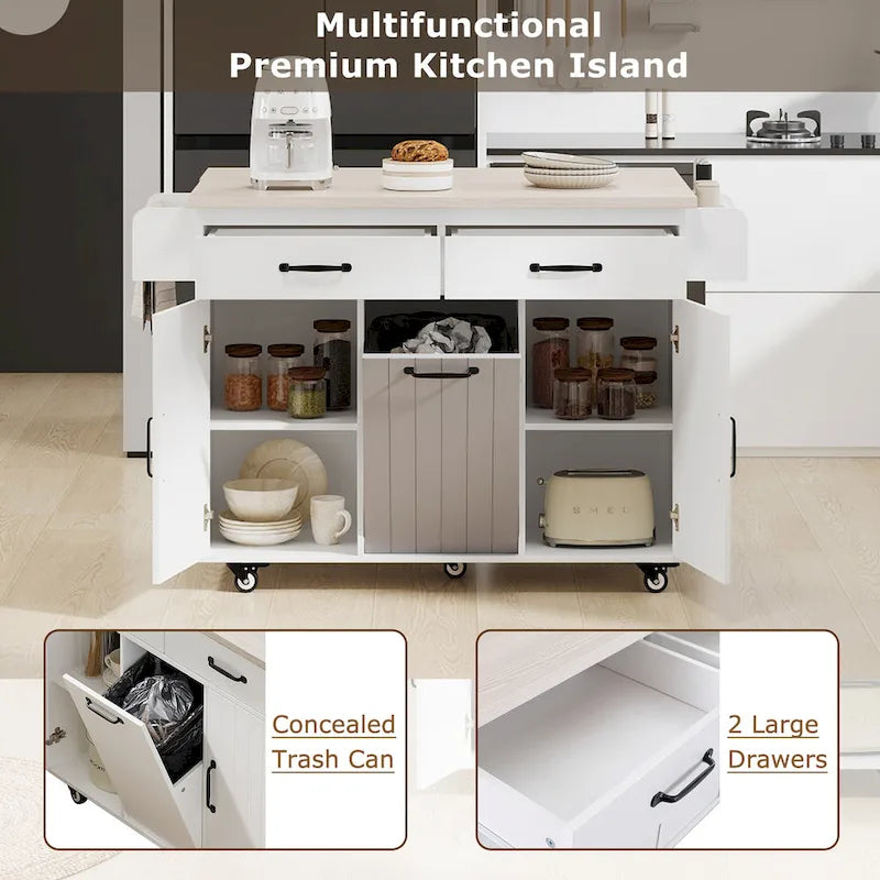 Dessertes de cuisine roulantes de 129,5 cm de large avec abattant et poubelle basculante